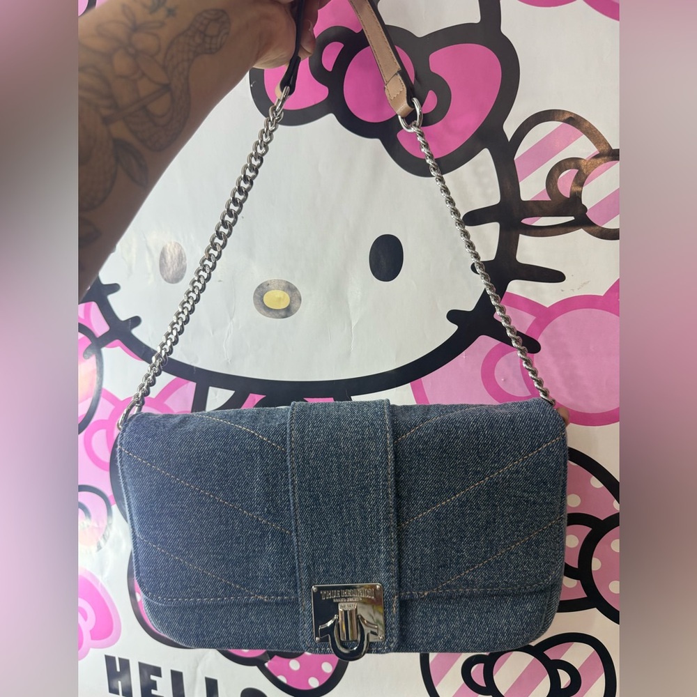 True Religion Blue Denim Shoulder Bag with Silver Chain